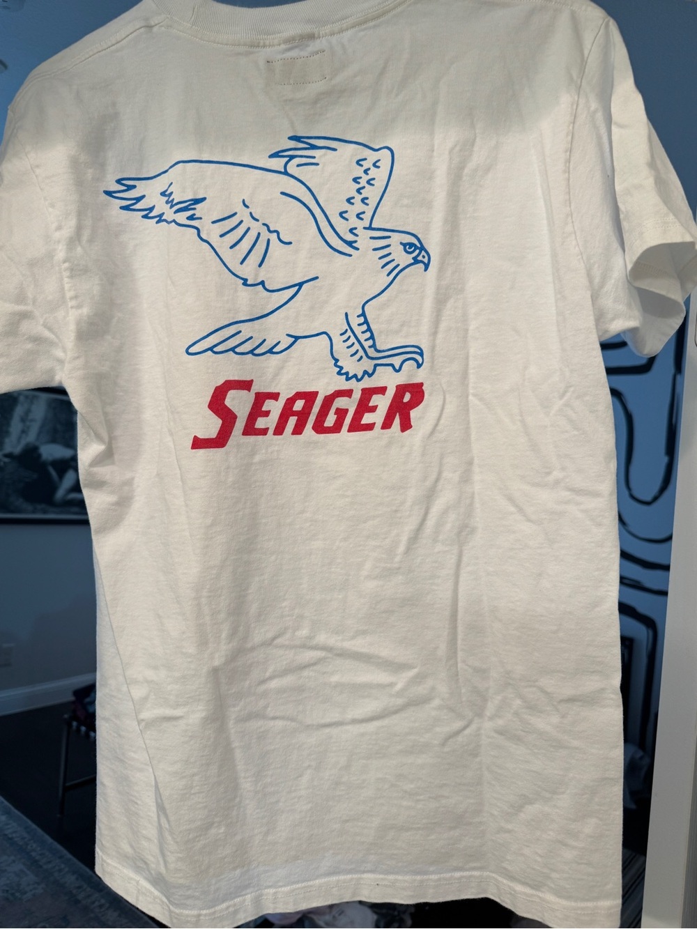 Seager Short Sleeve Graphic Tee in White with Blue & Red Print